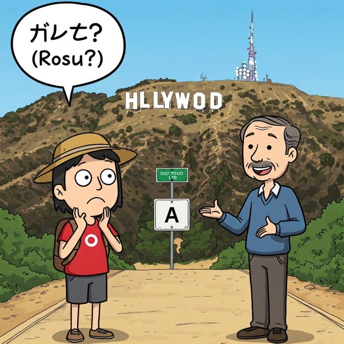 ハリウッドサインの前で困惑する日本人観光客とLAと説明するアメリカ人