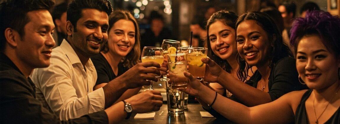 薄暗いバーのテーブルの周りに人々が座り、グラスを上げて乾杯し、カメラに向かって微笑んでいます。.