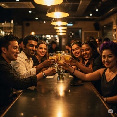 薄暗いバーのテーブルの周りに人々が座り、グラスを上げて乾杯し、カメラに向かって微笑んでいます。.