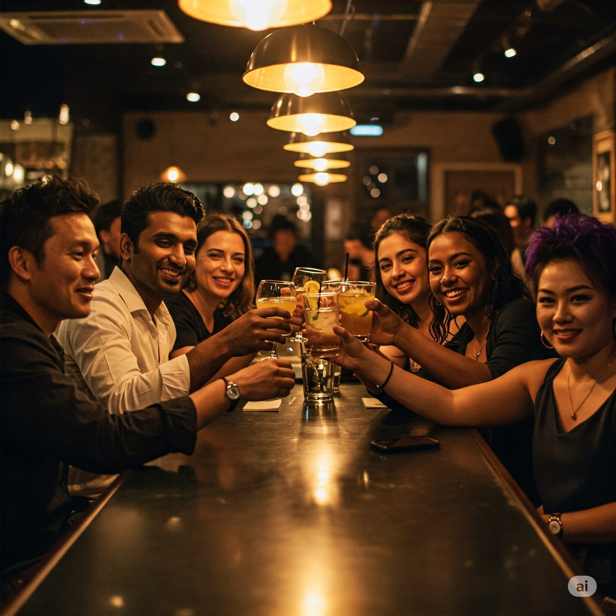 薄暗いバーのテーブルの周りに人々が座り、グラスを上げて乾杯し、カメラに向かって微笑んでいます。.