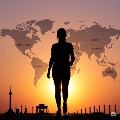 夕日を背景に人物のシルエットが立っており、背景には世界地図と都市のスカイラインが描かれています。地図には架空の地域名が記されています。.