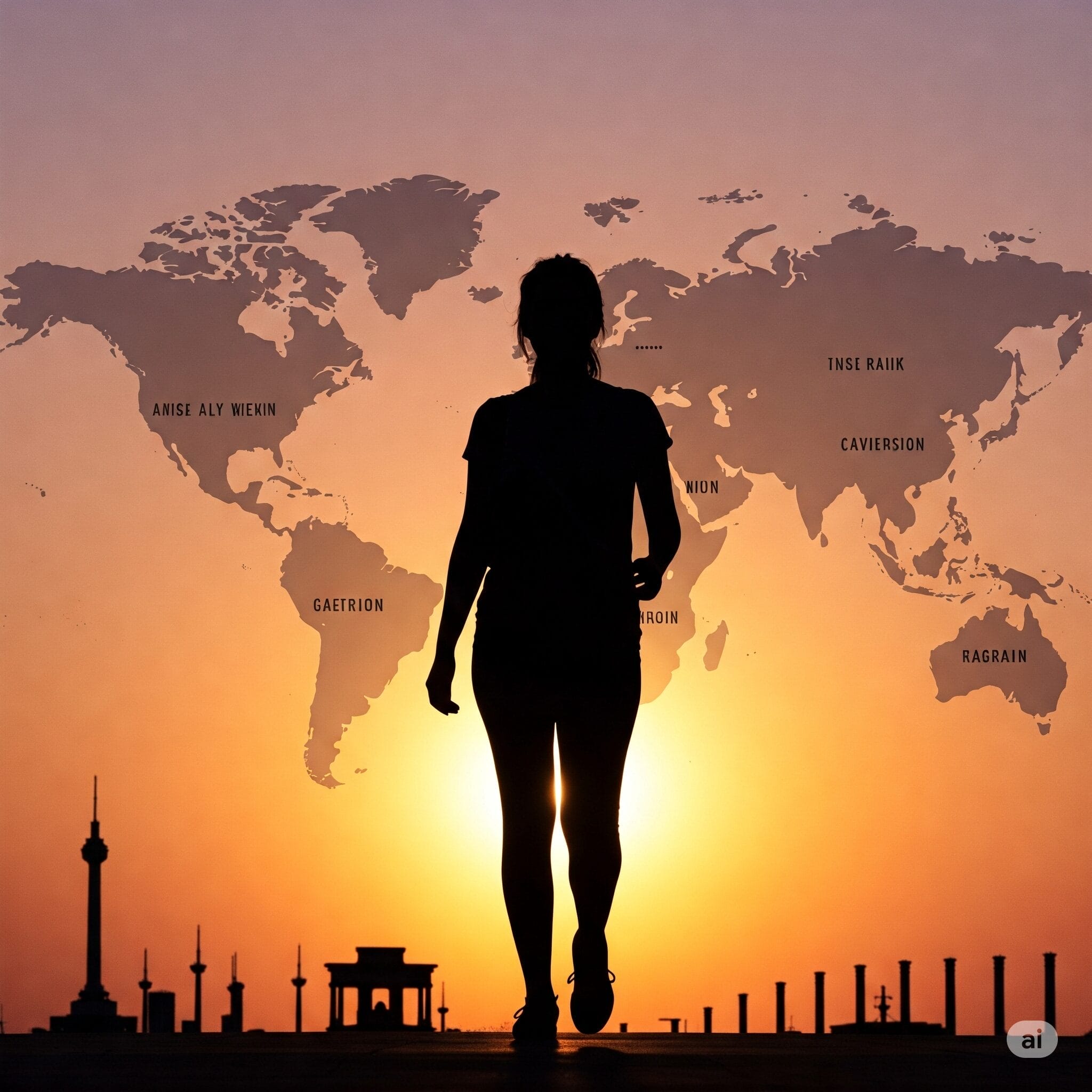 夕日を背景に人物のシルエットが立っており、背景には世界地図と都市のスカイラインが描かれています。地図には架空の地域名が記されています。.