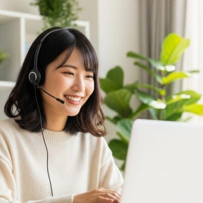 ヘッドセットを装着した女性が机に座り、ノートパソコンに向かって微笑んでいる。背景には本棚と鉢植えが見える。.