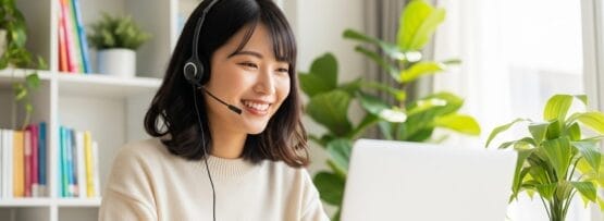 ヘッドセットを装着した女性が机に座り、ノートパソコンに向かって微笑んでいる。背景には本棚と鉢植えが見える。.