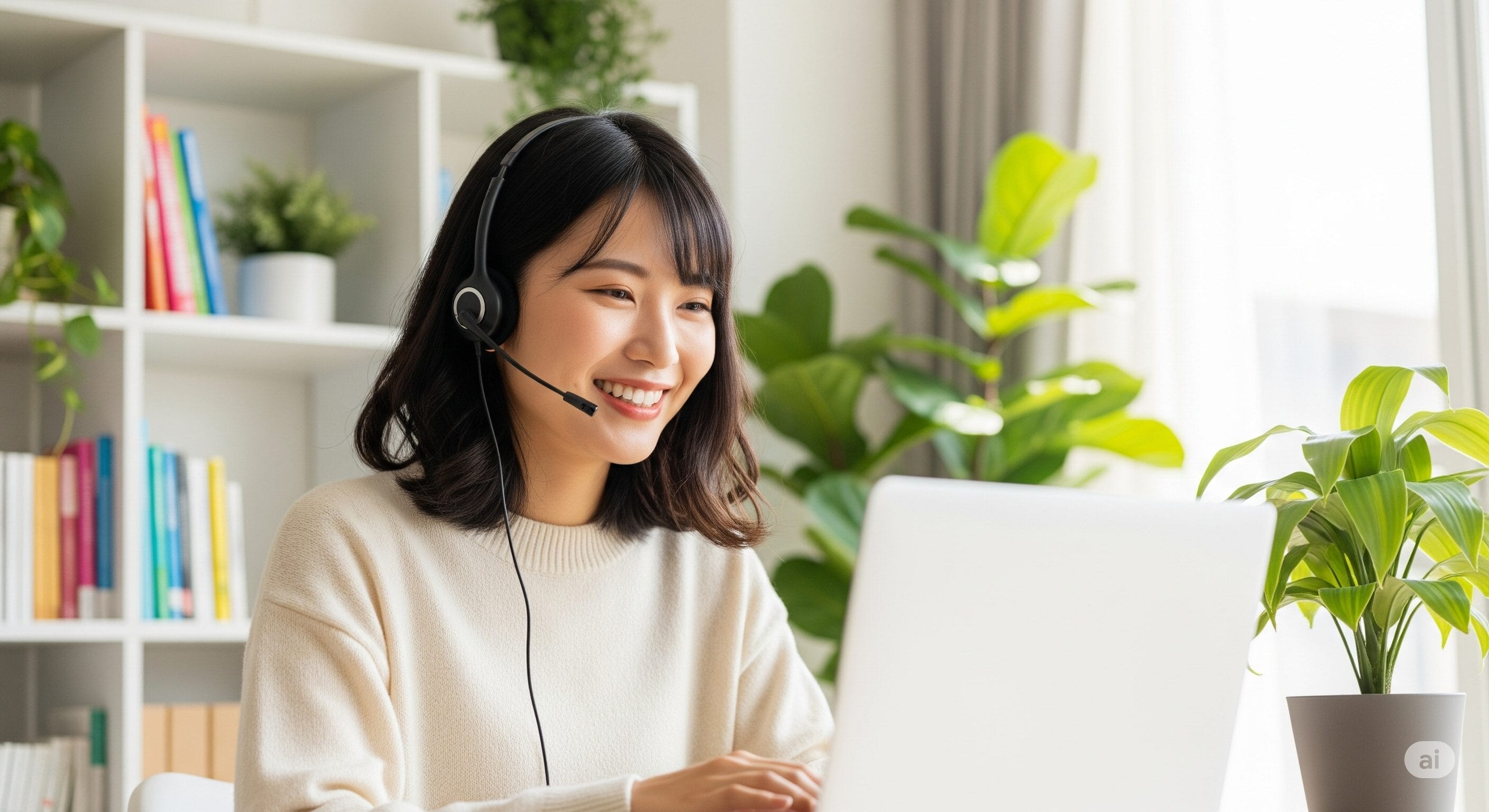 ヘッドセットを装着した女性が机に座り、ノートパソコンに向かって微笑んでいる。背景には本棚と鉢植えが見える。.