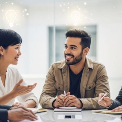 5 人のグループがテーブルの周りに座って議論しており、頭上にはアイデアとブレインストーミングを象徴する電球が描かれています。.
