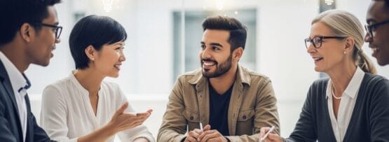 5 人のグループがテーブルの周りに座って議論しており、頭上にはアイデアとブレインストーミングを象徴する電球が描かれています。.