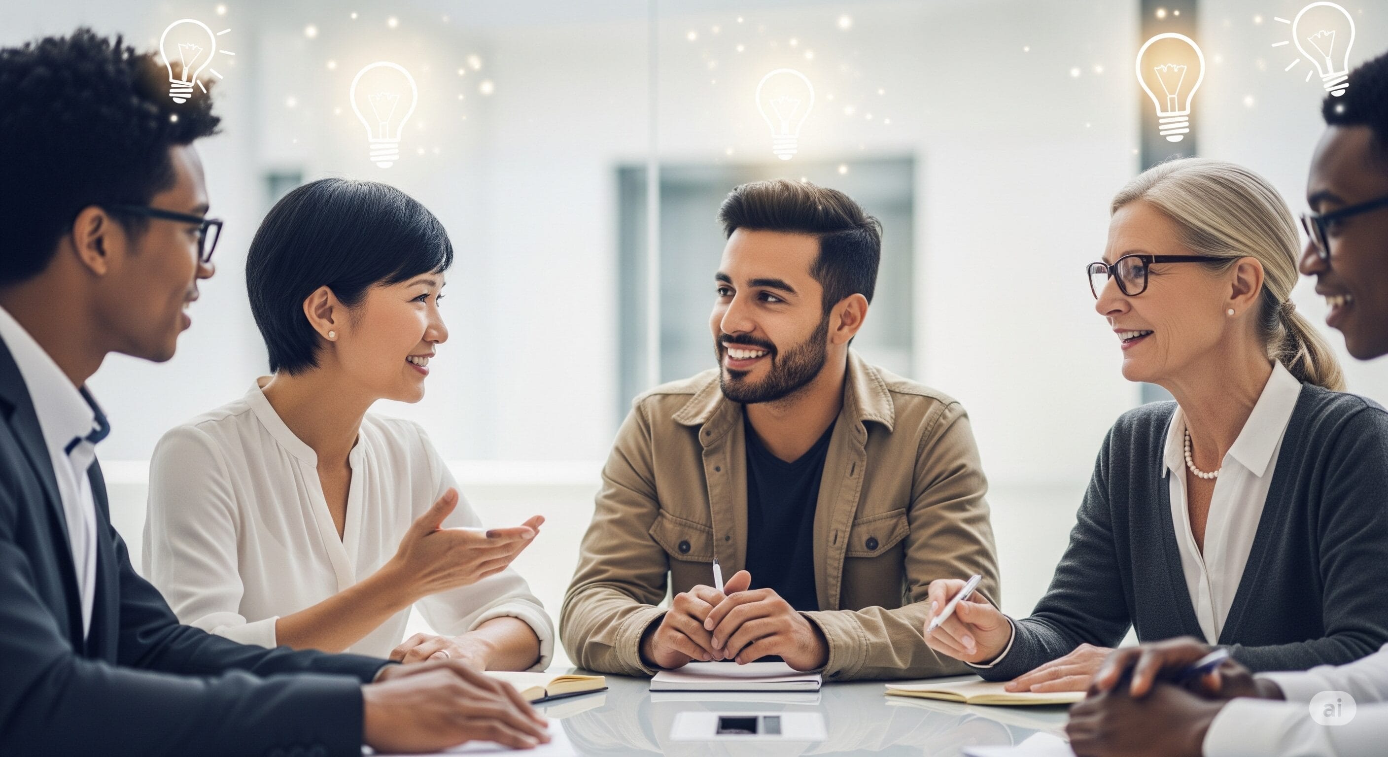 5 人のグループがテーブルの周りに座って議論しており、頭上にはアイデアとブレインストーミングを象徴する電球が描かれています。.