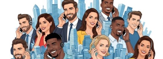 電話で話しているビジネス服を着たさまざまな男性と女性のイラスト。背景には高層ビルの街並みが広がっています。.
