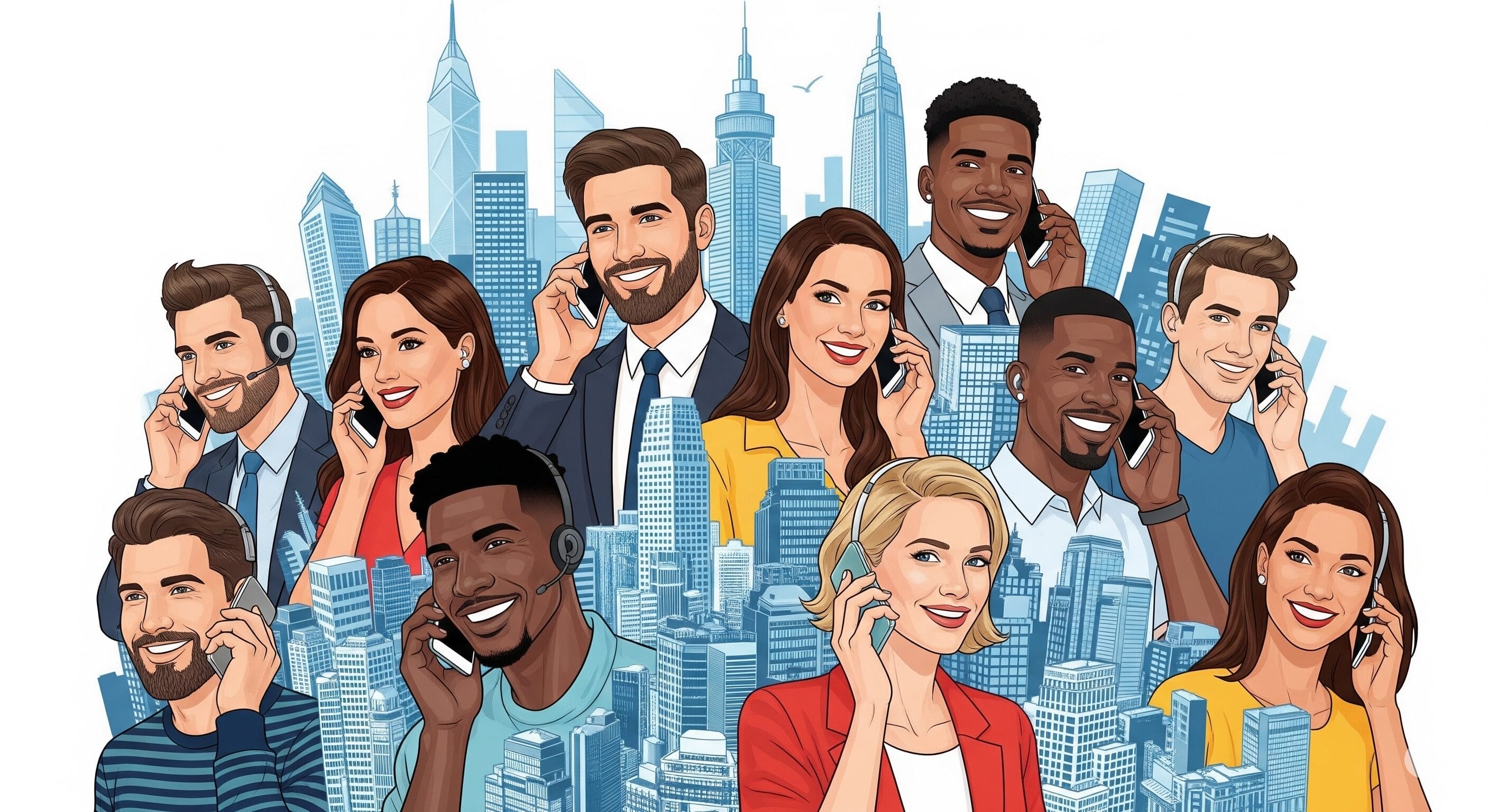 電話で話しているビジネス服を着たさまざまな男性と女性のイラスト。背景には高層ビルの街並みが広がっています。.