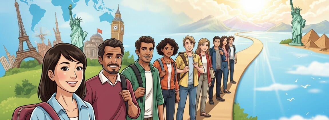 明るい空の下、エッフェル塔、ビッグベン、自由の女神像、ピラミッドなど、世界の名所が並ぶ小道に、バックパックを背負ったさまざまな人々が一列に並んで立っています。.