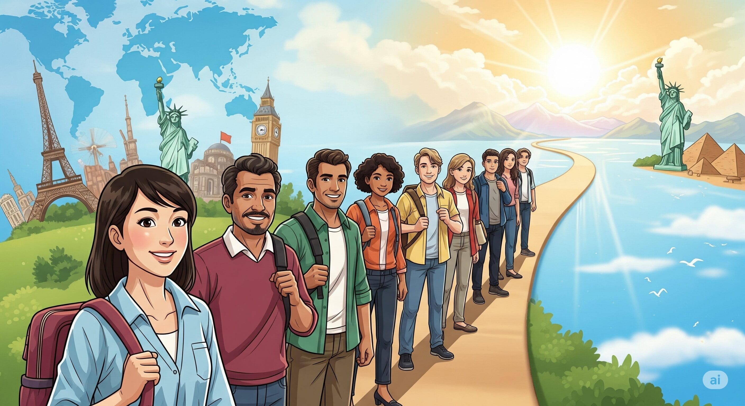 明るい空の下、エッフェル塔、ビッグベン、自由の女神像、ピラミッドなど、世界の名所が並ぶ小道に、バックパックを背負ったさまざまな人々が一列に並んで立っています。.