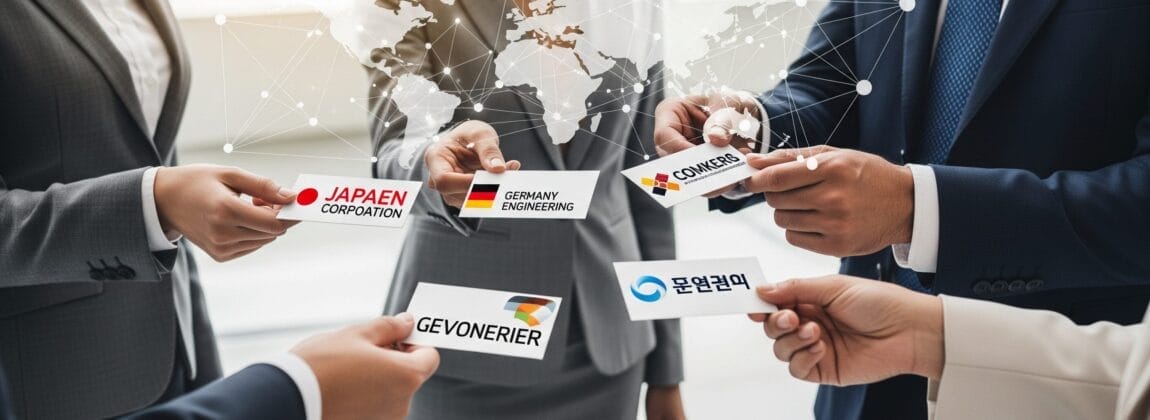 スーツを着た4人のビジネスプロフェッショナルが、世界地図とデジタル接続回線を背景に、さまざまな国の名刺を交換しています。.