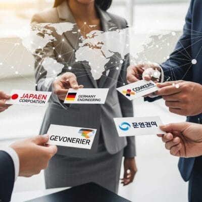 スーツを着た4人のビジネスプロフェッショナルが、世界地図とデジタル接続回線を背景に、さまざまな国の名刺を交換しています。.
