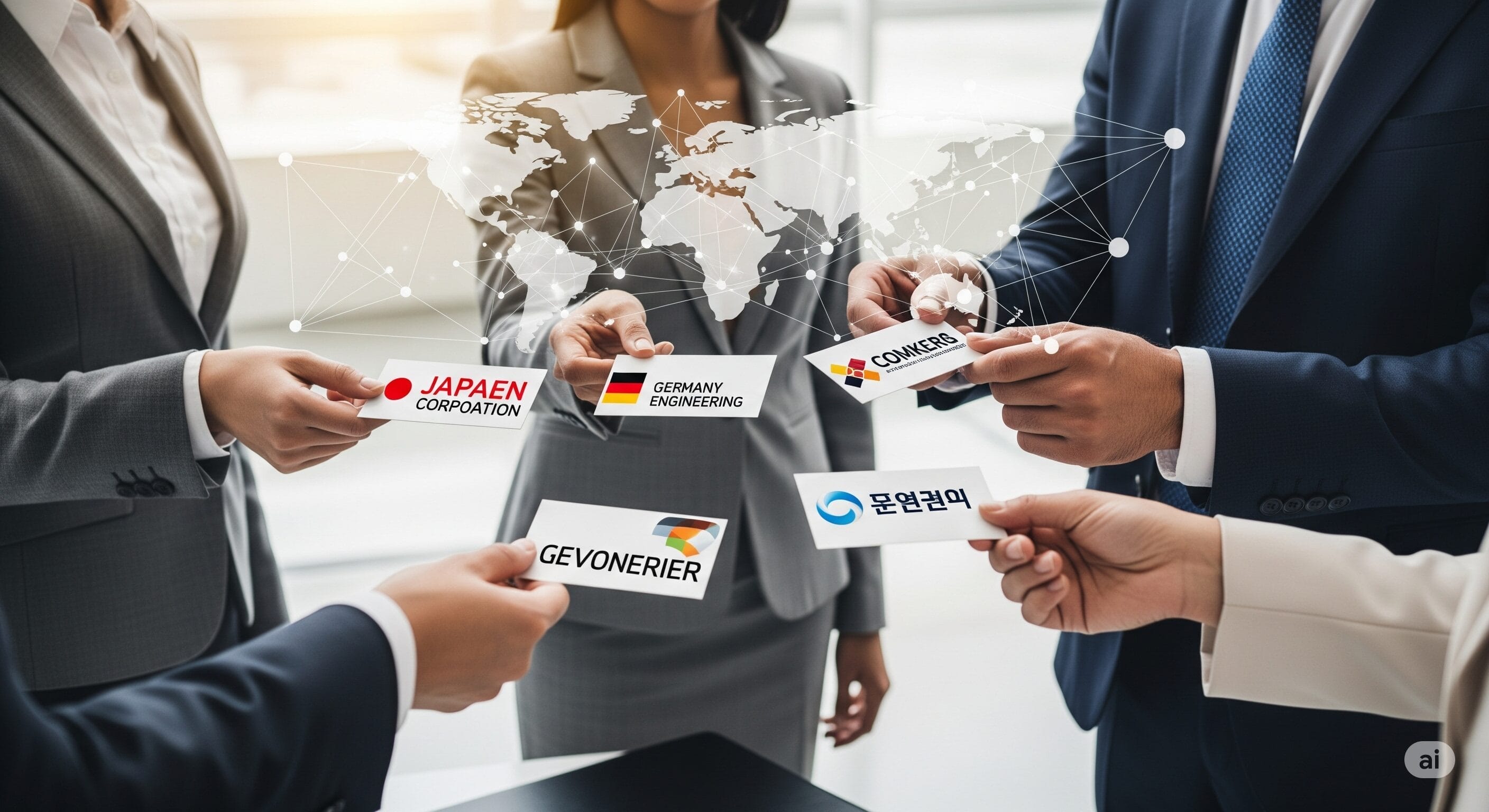 スーツを着た4人のビジネスプロフェッショナルが、世界地図とデジタル接続回線を背景に、さまざまな国の名刺を交換しています。.