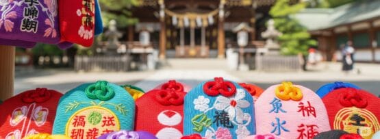 晴れた日に伝統的な神社の前に飾られた色鮮やかな日本のお守り。.
