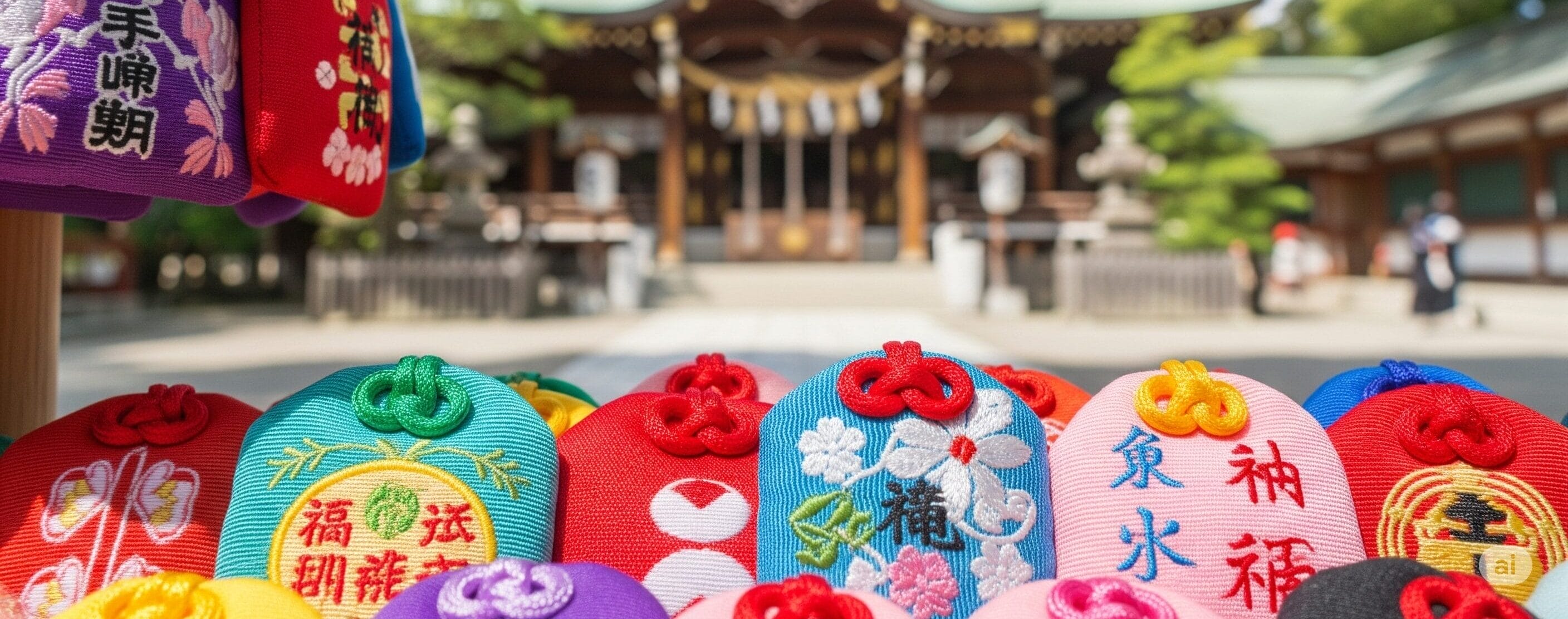晴れた日に伝統的な神社の前に飾られた色鮮やかな日本のお守り。.
