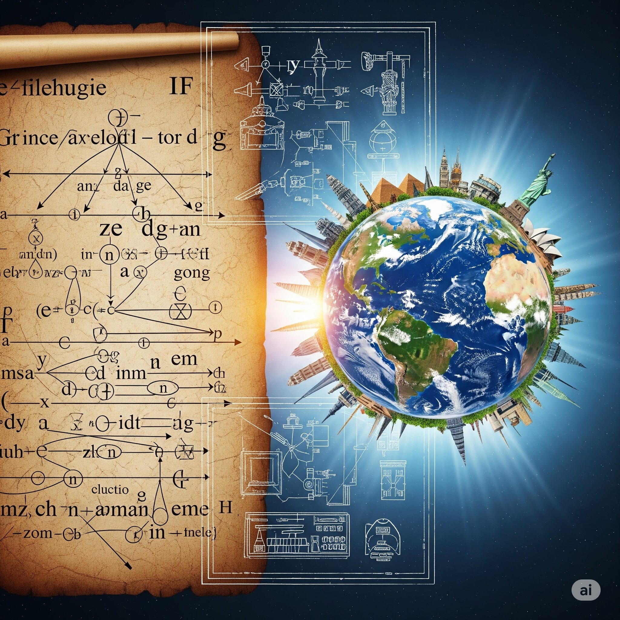 有名な世界のランドマークや技術的な図表に囲まれた現代のデジタル地球儀の横に、羊皮紙に書かれた古代の数式を表示した分割画像。.