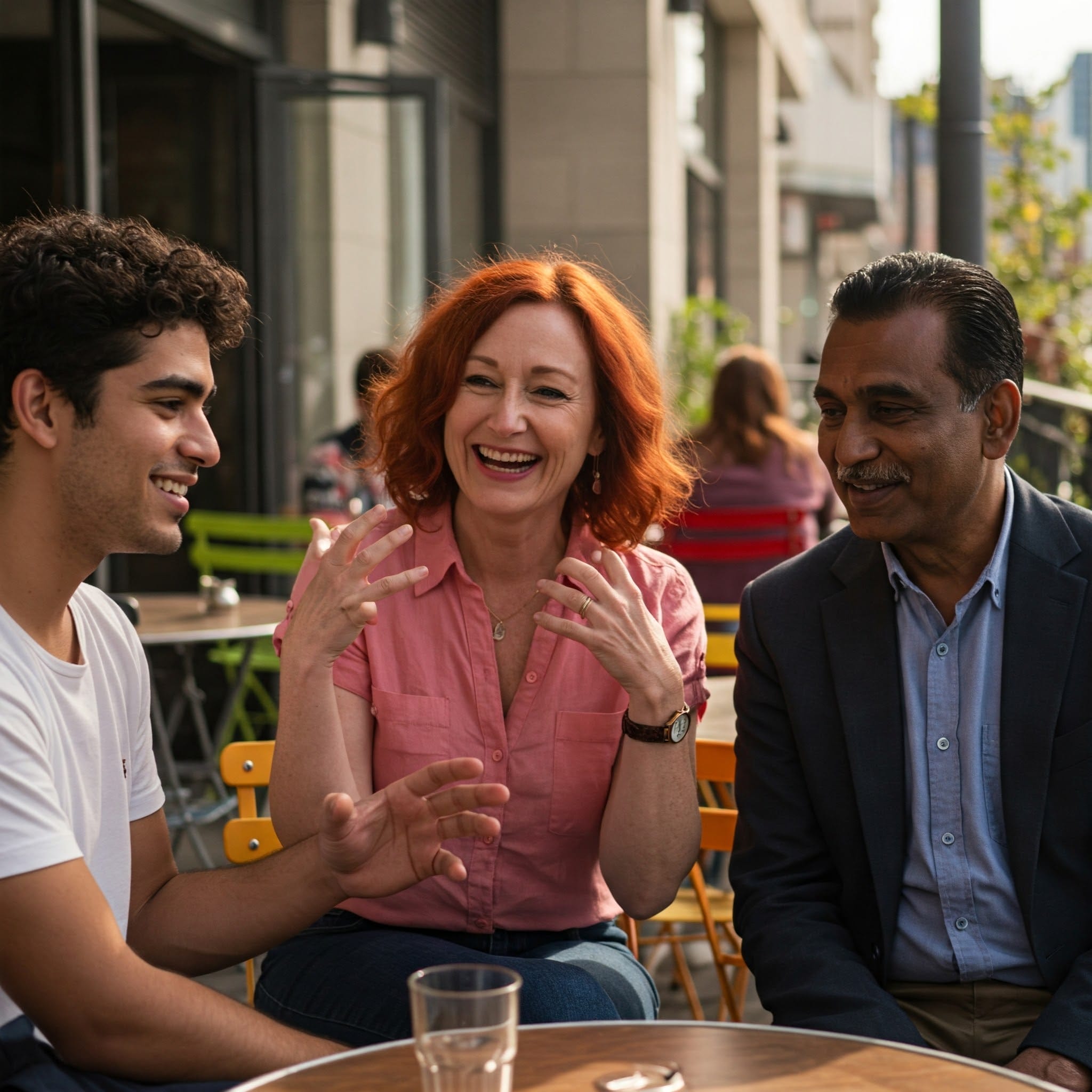 男性2人と女性1人の大人3人が屋外のカフェのテーブルに座って、笑顔で会話をしています。.
