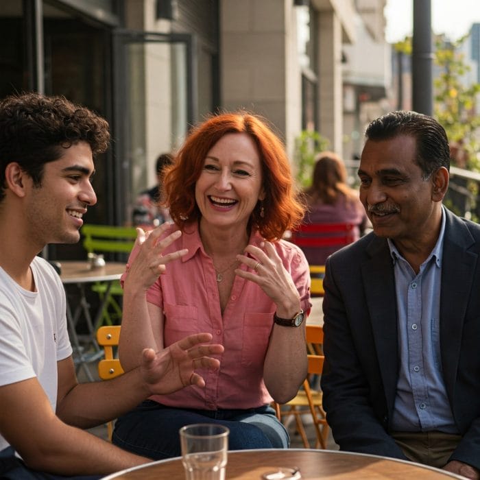 カフェで楽しそうに英会話をする人々