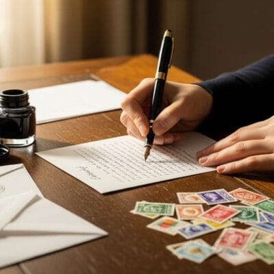 封筒、インク瓶、さまざまな切手に囲まれた木製の机の上で、インクペンを使って手紙を書いている人物。.