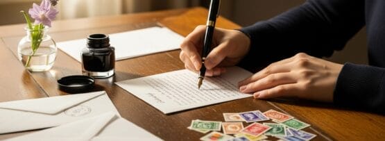 封筒、インク瓶、さまざまな切手に囲まれた木製の机の上で、インクペンを使って手紙を書いている人物。.