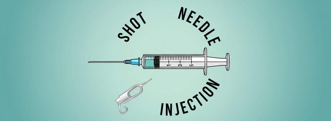 青緑色の背景に、針と針キャップが付いた注射器のイラスト。注射器の周囲には「SHOT」、「NEEDLE」、「INJECTION」という文字が書かれています。.