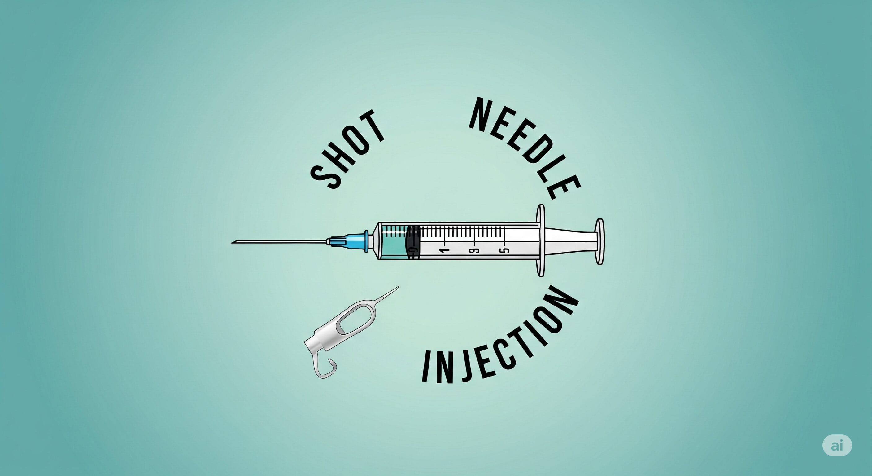 青緑色の背景に、針と針キャップが付いた注射器のイラスト。注射器の周囲には「SHOT」、「NEEDLE」、「INJECTION」という文字が書かれています。.