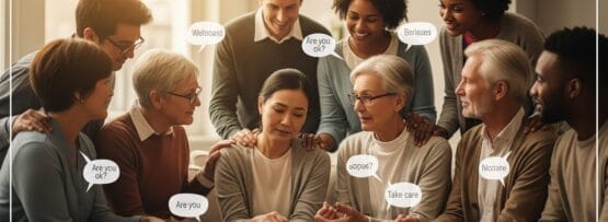 さまざまな人々が輪になって座り、支え合っている。中には、中央で物思いにふける女性に慰めや気遣いの言葉をかけている人もいる。.
