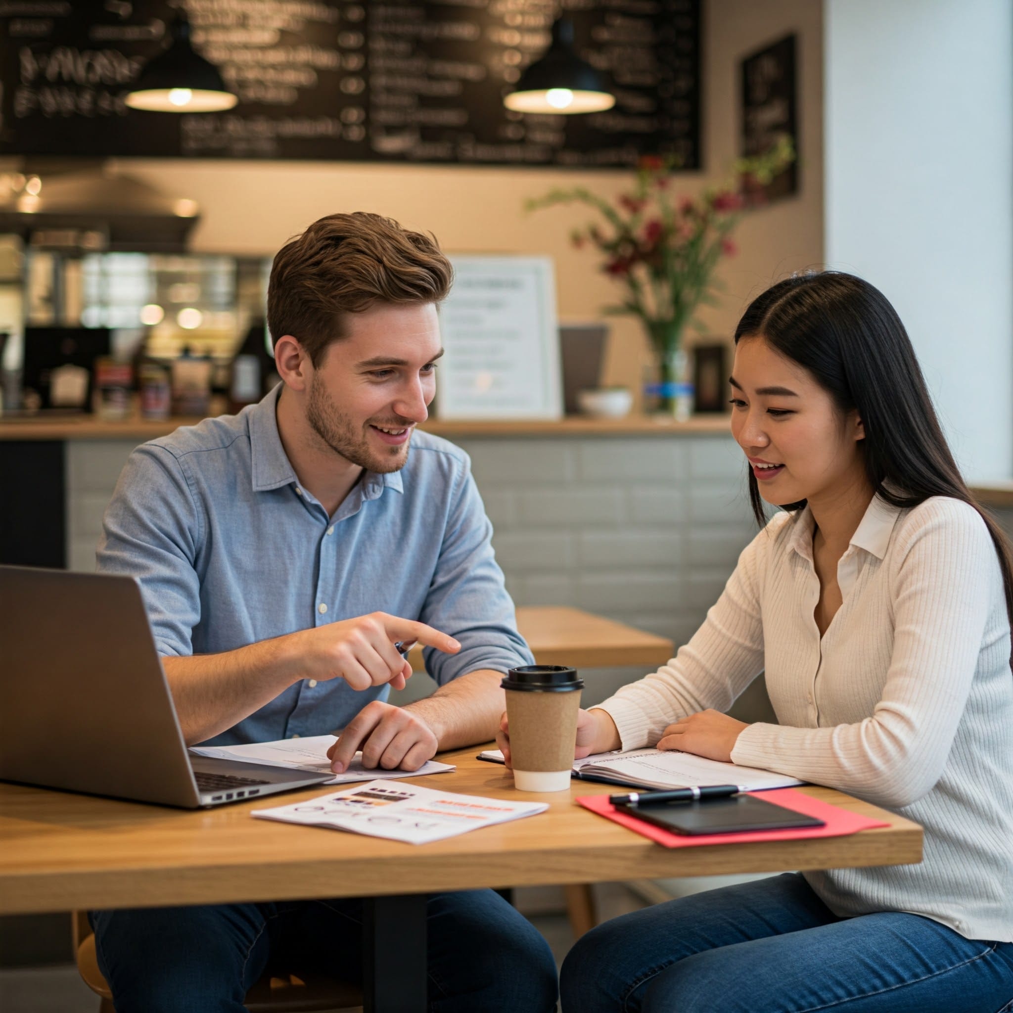 男性と女性がカフェのテーブルにノートパソコン、コーヒー、書類を持って座り、話し合いをしながら互いに微笑んでいます。.