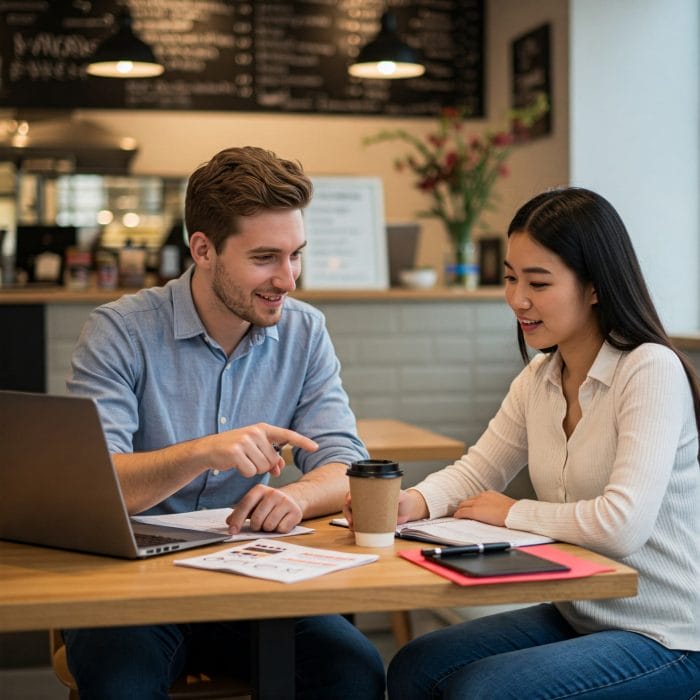 カフェでリラックスしながら英会話レッスンを受ける男女