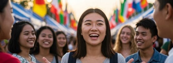 若者のグループが、背景に多くの国際旗がある屋外イベントで立って話をしています。.