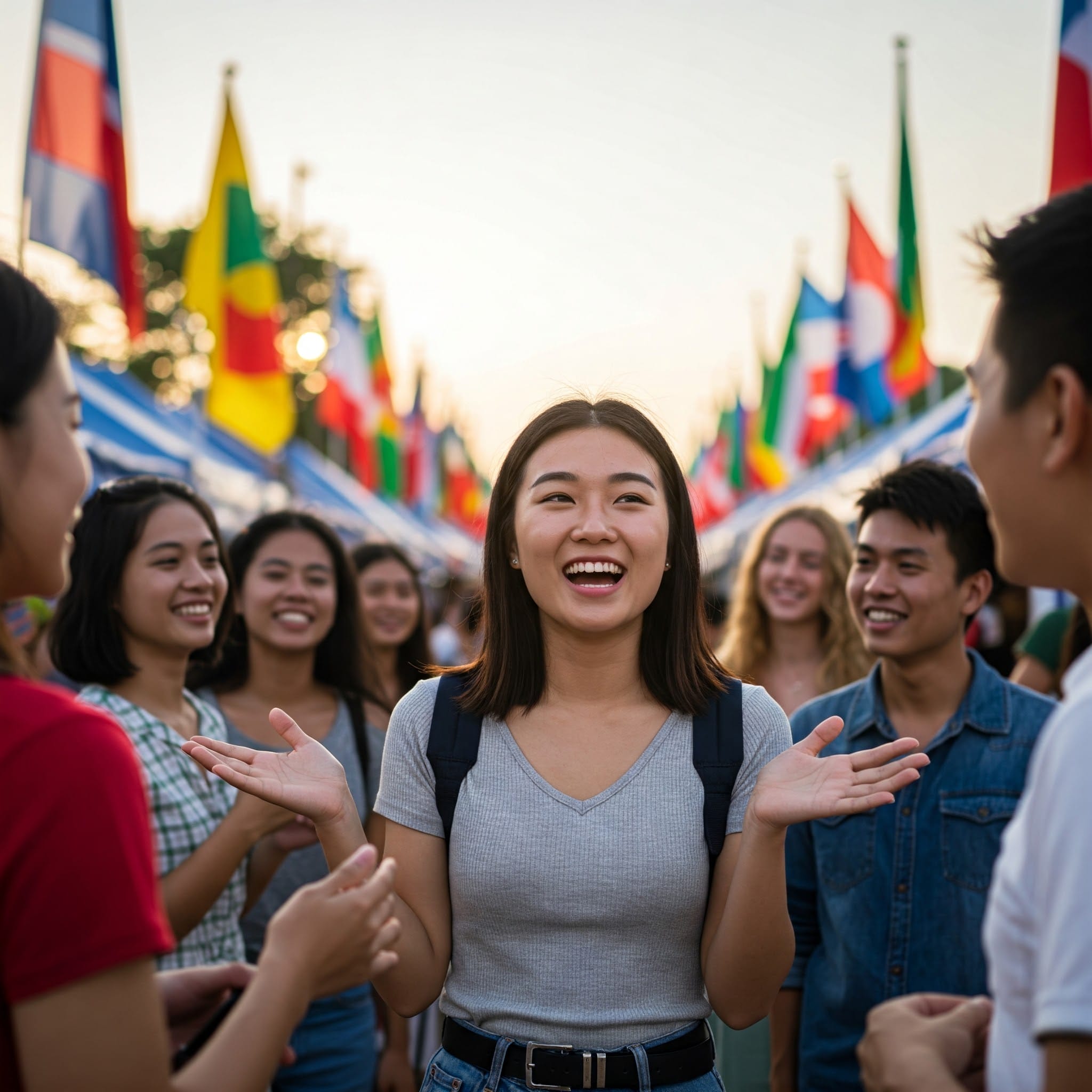 若者のグループが、背景に多くの国際旗がある屋外イベントで立って話をしています。.