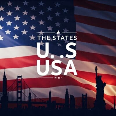 アメリカ国旗を背景に、自由の女神像を背景にしたアメリカのランドマークのシルエット。テキストには「The States U.S. USA」と書かれています。.