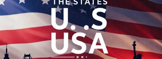 アメリカ国旗を背景に、自由の女神像を背景にしたアメリカのランドマークのシルエット。テキストには「The States U.S. USA」と書かれています。.