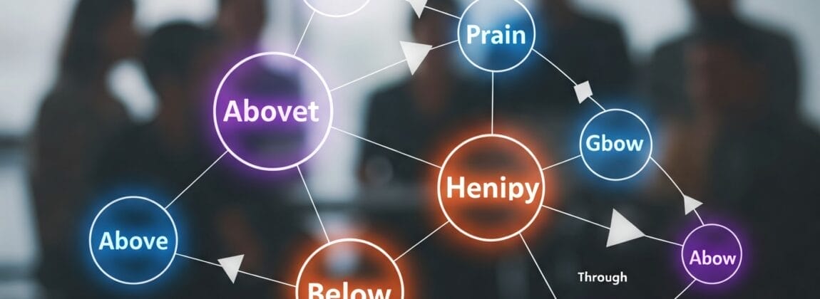 背景にはぼやけた人々のグループが座っており、前景には相互接続されたラベル付きの円と矢印を含む図表でさまざまな空間関係の用語が表示されています。.