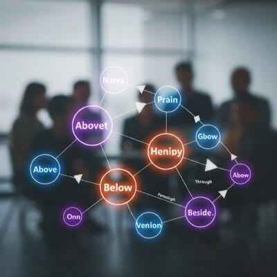 背景にはぼやけた人々のグループが座っており、前景には相互接続されたラベル付きの円と矢印を含む図表でさまざまな空間関係の用語が表示されています。.