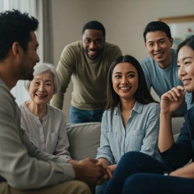 6 人のグループが屋内で一緒に座ったり立ったりして、リラックスしたカジュアルな雰囲気の中で笑顔で会話をしています。.