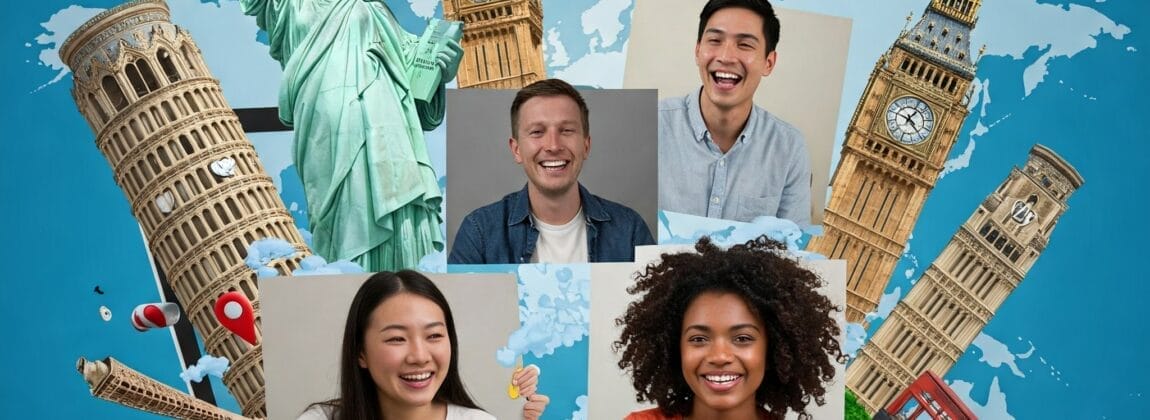 世界地図を背景に、自由の女神像やビッグベンなどの象徴的なランドマークに囲まれた、ビデオ通話中の 4 人の写真が入ったノートパソコン。.