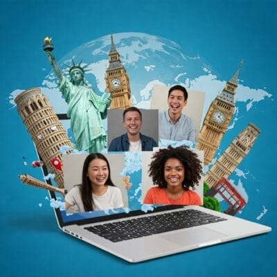 世界地図を背景に、自由の女神像やビッグベンなどの象徴的なランドマークに囲まれた、ビデオ通話中の 4 人の写真が入ったノートパソコン。.