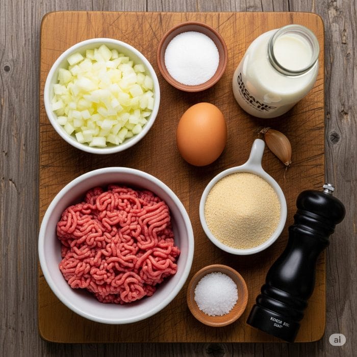 木製のボードに並べられたハンバーグの材料。ひき肉、玉ねぎ、卵、パン粉などがきれいに配置されている。