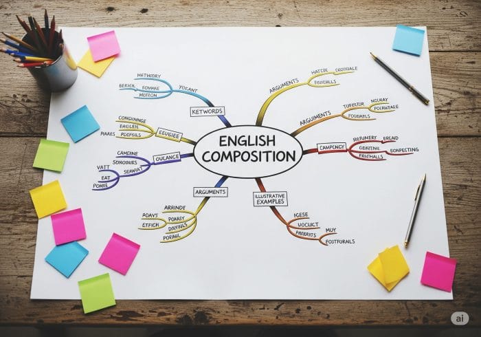 テーブルの上に置かれたマインドマップ。中心に英作文と書かれ、そこからアイデアが枝分かれしている様子。