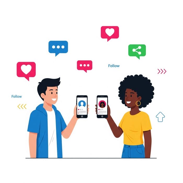 スマートフォンを見せ合いSNSアカウントを交換する二人の若者