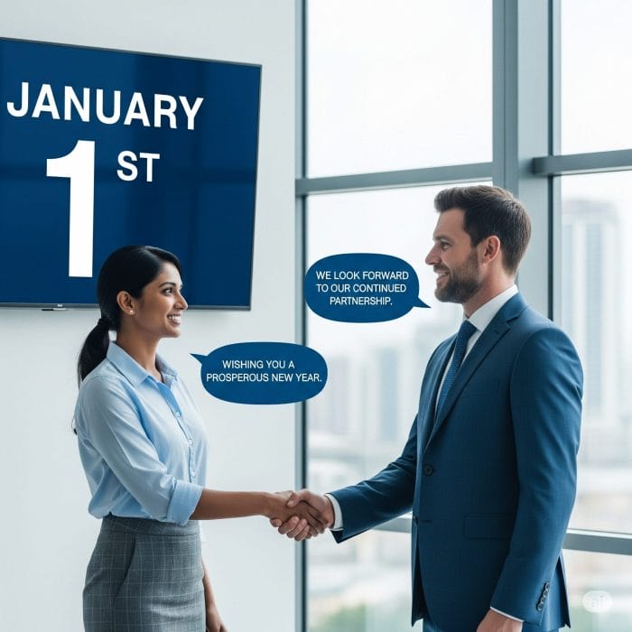 現代的なオフィスで握手をする2人のビジネスパーソン。1月1日を示すカレンダーが背景にある。