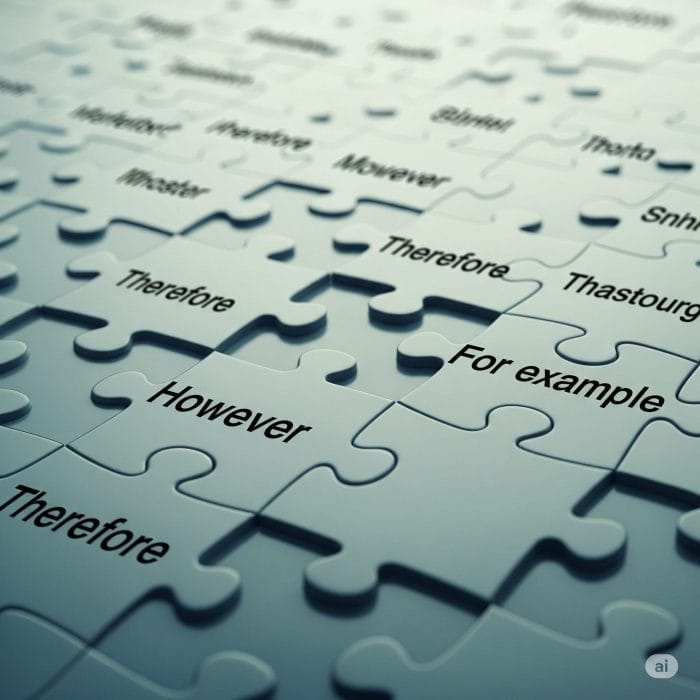 パズルのピースが組み合わさっていく抽象的な画像。ピースには英語のつなぎ言葉が書かれている。
