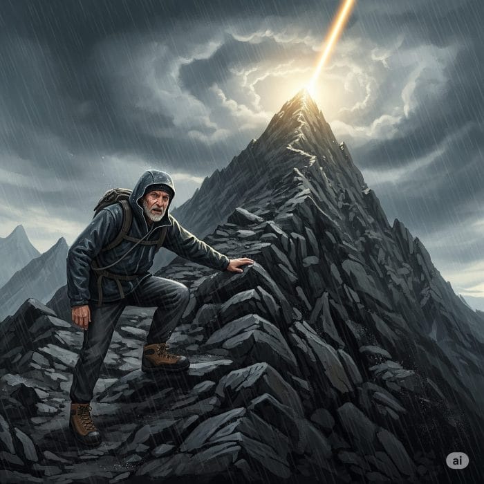 嵐の中で険しい山を登る登山者