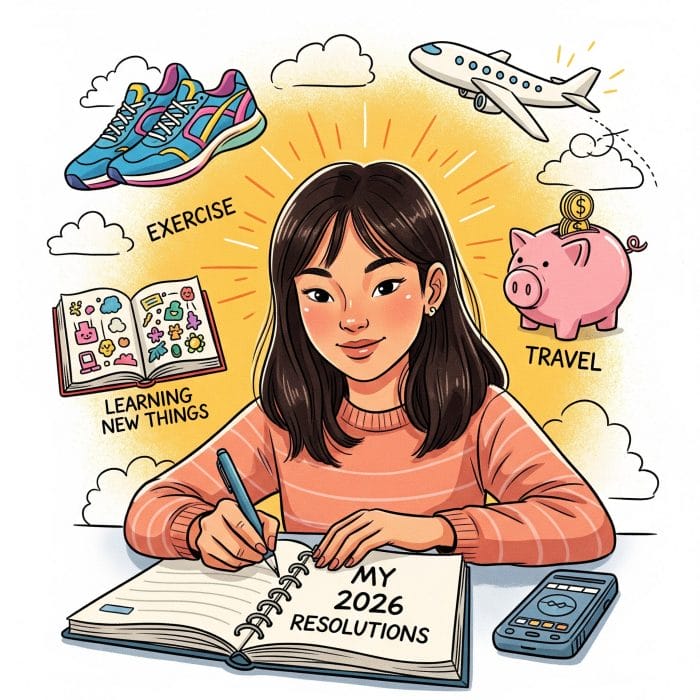 「私の2026年の抱負」と書かれたノートに書き込みをする人の周りに、運動や勉強、貯金などのアイコンが描かれているイラスト。