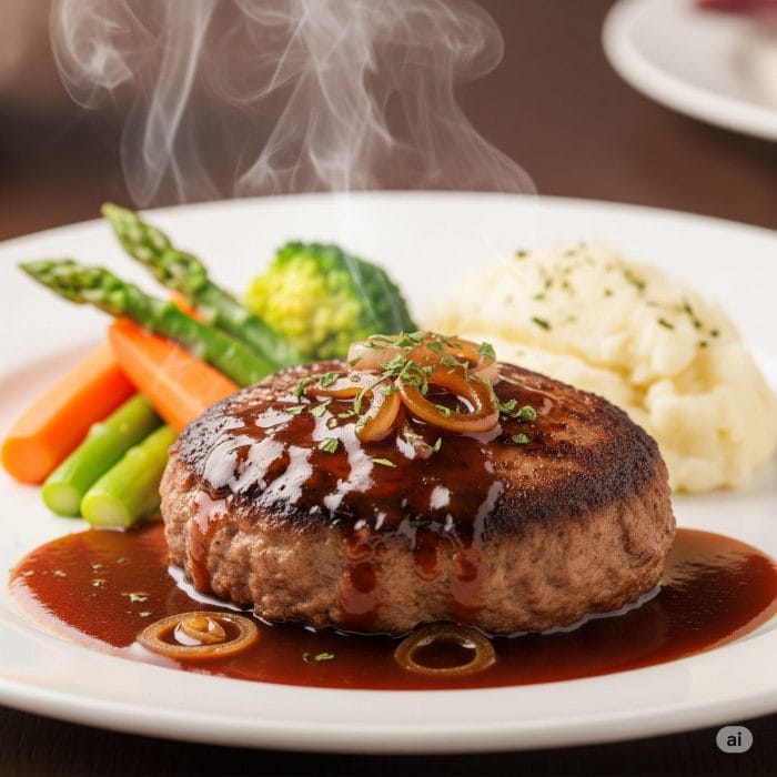 美味しそうに焼きあがったハンバーグステーキの皿。デミグラスソースがかかり、湯気が立っている。