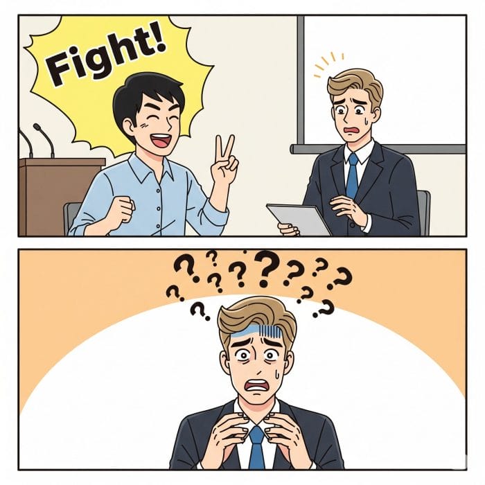 「ファイト!」と言われて困惑する欧米人のイラスト