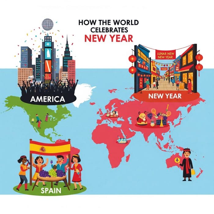 世界地図を背景に、NYのボールドロップ、スペインのブドウ、中国の提灯など、各国の新年の習慣がコラージュされているイラスト。